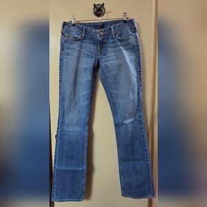 True Religion Blue Flare Boot Cut Jeans with Distressed Finish